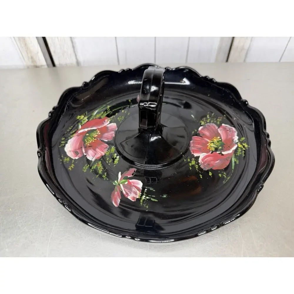 Vintage Black Amethyst Glass Jewelry Holder Candy Dish Hand Painted Floral